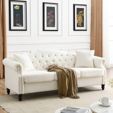 79" Chesterfield Sofa White Teddy, Tufted Couch with Rolled Arms and Nailhead for Living Room, Bedroom, Office with two Pillows