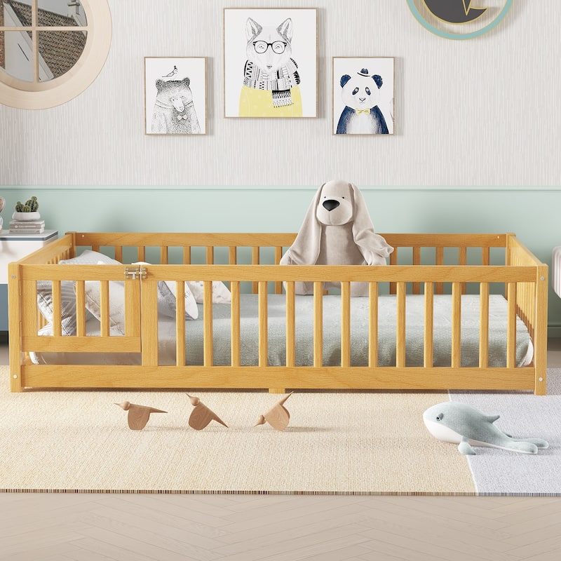 Montessori Toddler Floor Bed with Fence and Switchable Door, Low Profile Bed Frame with Removable Slats, Safe Transition Bed