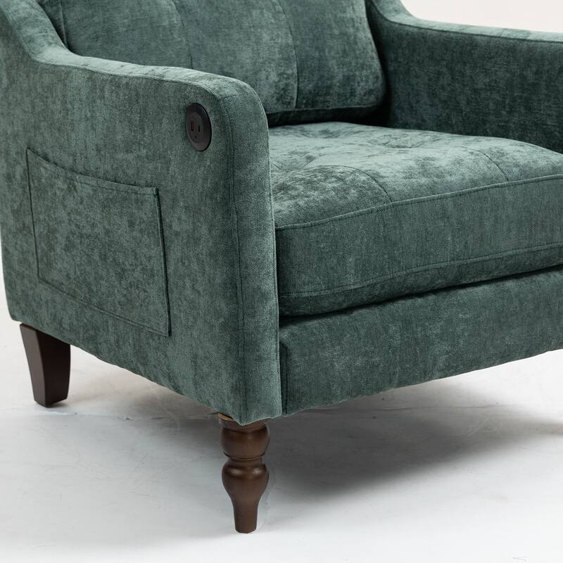 Accent Comfy Chenille Chair w/USB charging port,High-support Sponge,Wide Backrest, Upholstered Arm Chair w/Side Storage