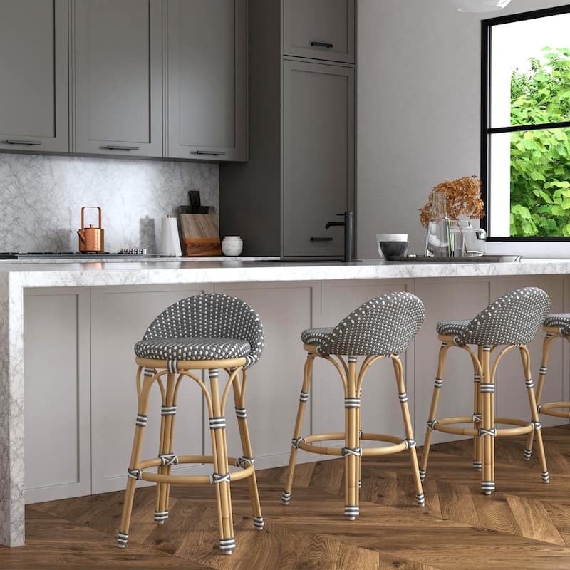 Inez 24 in. Seat Height Rattan Low Back Counter Stool - Gray/White Dot/Natural Rattan Frame