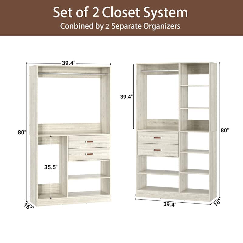 Vryon 110'' Set of 3 Freestanding Corner Closet System, Reversible Closet Organizer with Drawers and Hanging Rods