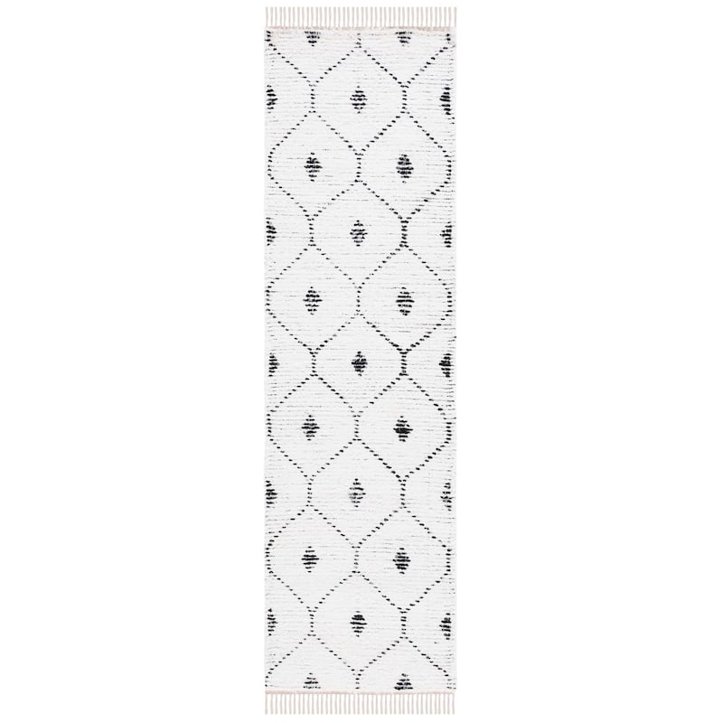 SAFAVIEH Handmade Casablanca Kjellaug Boho Cotton Fringe Rug - 2'3" x 8' Runner - Ivory/Black