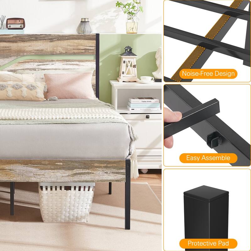 Industrial Metal Bed Frame with Wood Headboard Twin/Full/Queen Bed Slate Platform Metal Bedframe No Box Spring Needed