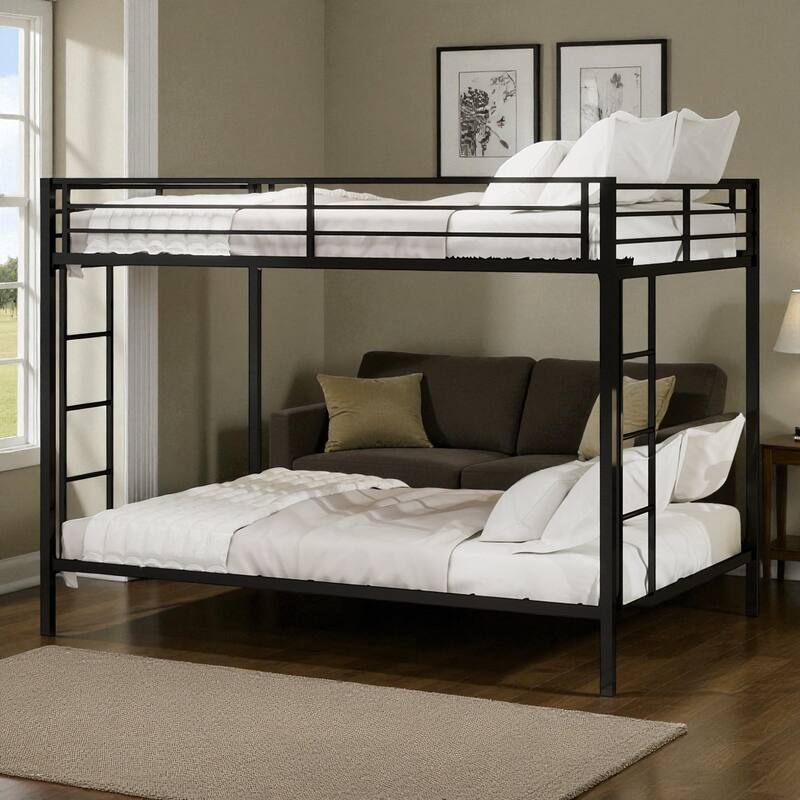 Full/Queen Metal Bunk Bed with Heavy-Duty Square Tube Frame, Dual Sleeping Areas, Space-Saving Design for Shared Rooms - Black - Queen