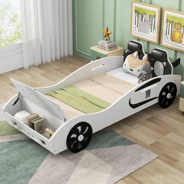slide 2 of 9, Adorable Twin Size Race Car-Shaped Platform Bed with Upholstered Backrest and Storage White