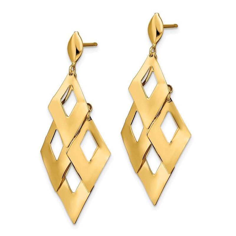 Curata 14k Yellow Gold Brushed Diamond-shaped Chandelier Post Dangle Earrings 43.75mm long