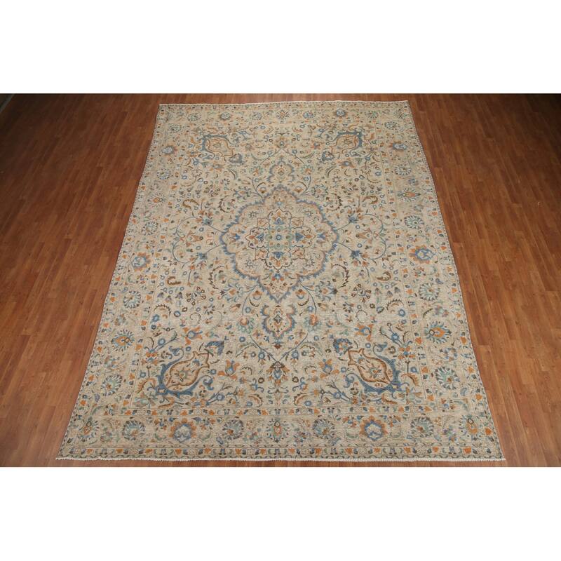 Hand Knotted Oriental 100% Wool Carpet Traditional Floral Beige & Ivories Tabriz Area Rug - 13' 1'' X 9' 9''
