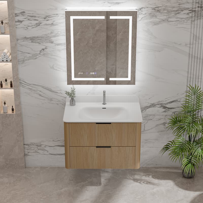 Modland Fluted Floating Vanity with Sink, Plywood Wall Mount Cabinet, Curved Edge, 24/30/36 Inch