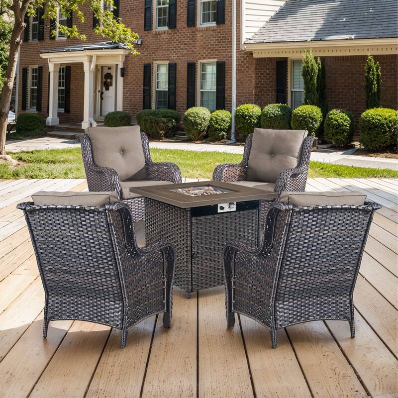 Gymojoy 5-Piece Outdoor Wicker Patio Furniture with Fire Pit Table, Rattan Coversation Set with Water Resistant Thick Cushions - Brown Wicker / Grey Cusion - 5-Piece
