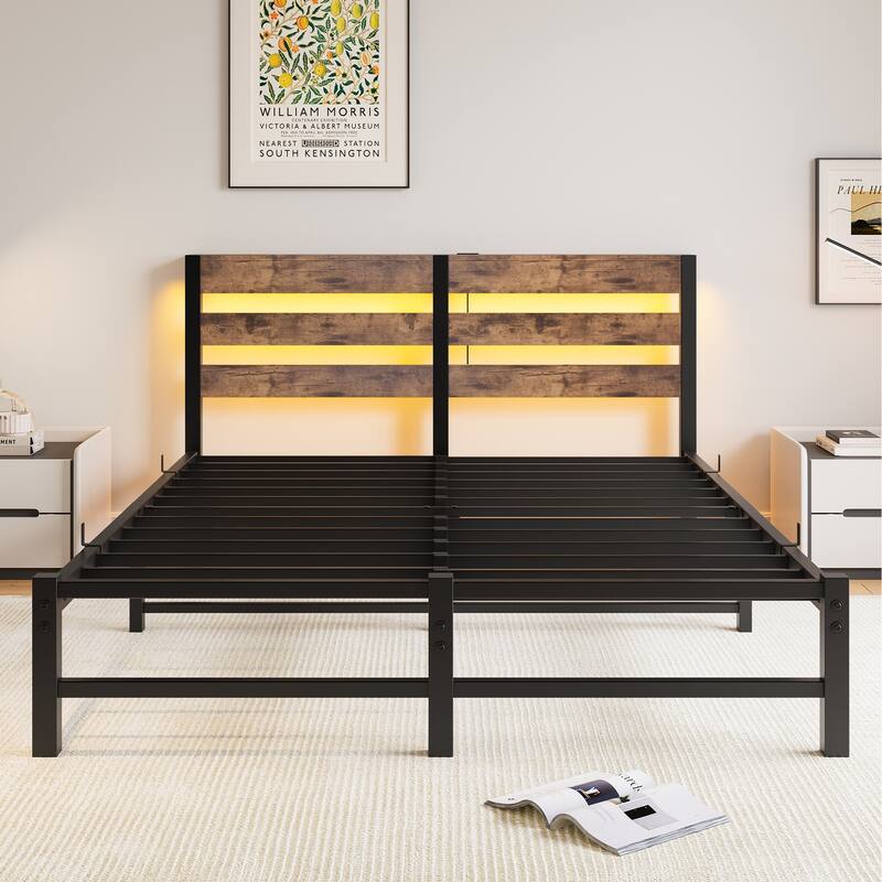 Modern Metal Bed with Wooden Headboard, RGB Lights & Storage Shelf