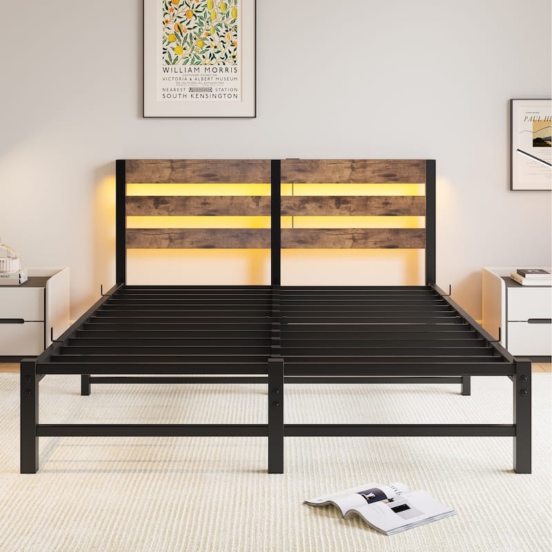 Queen Size Metal Bed Frame with Wooden Headboard, RGB Lights, Charger, Storage Shelf, Brown