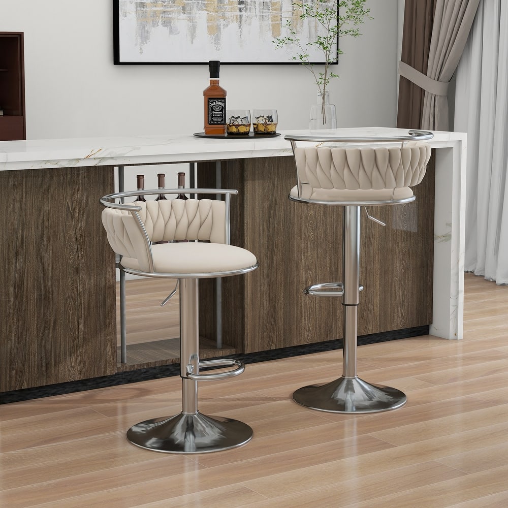 2 Set Velvet Swivel Adjustable Bar Stools with Footrest