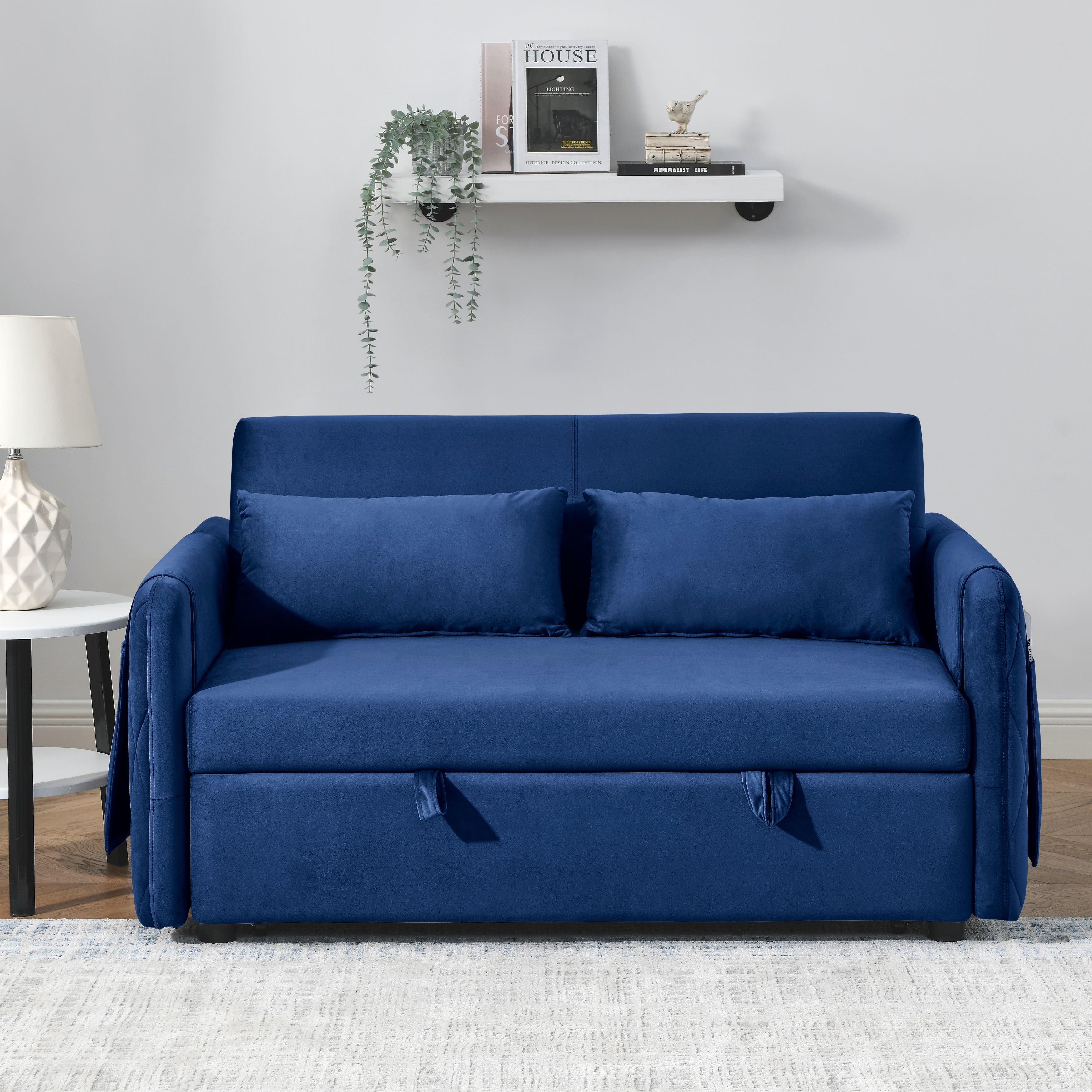 Velvet Loveseat Sofa w/2 Pillows, Convertible Pull Out Sofa Bed w/Detachable Arm Pockets & Adjustable Backrest for Living Room