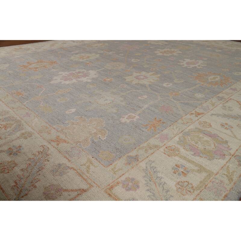 Vegetable Dye Oushak Turkish Area Rug Handmade Blue Floral Wool Carpet - 7'11" x 10'0"
