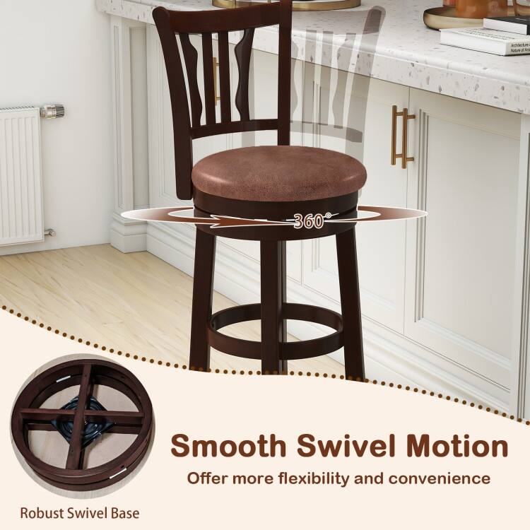 Set of 2 Cappuccino Rubber Wood MDF Faux Leather Swivel Bar Stools with Footrest