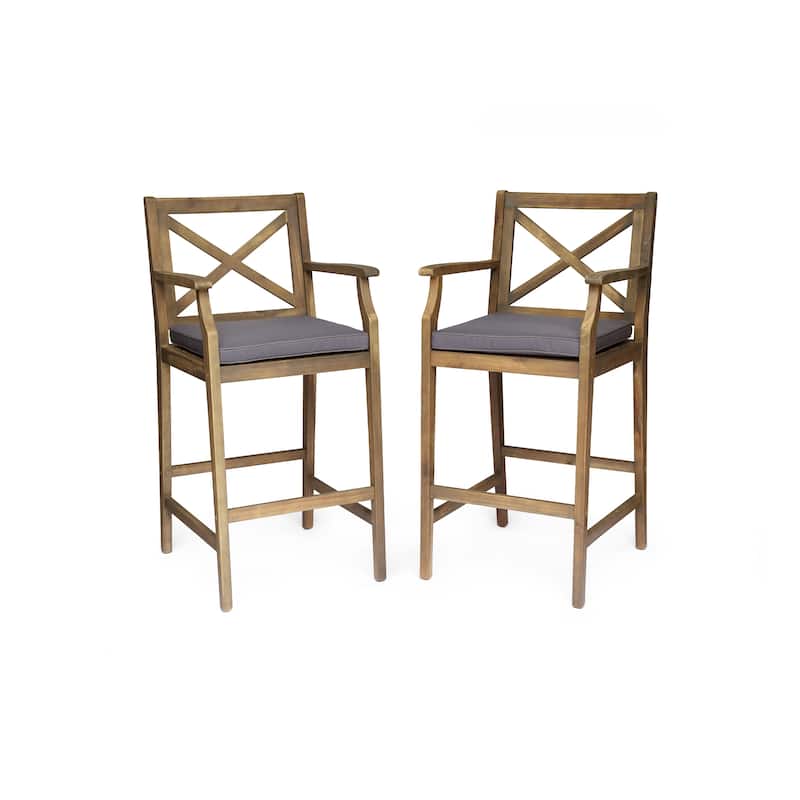 Roomfitters 2-Piece Outdoor Acacia Wood Bar Stools with Armrests and Cushions, X-Back Patio High Dining Chairs