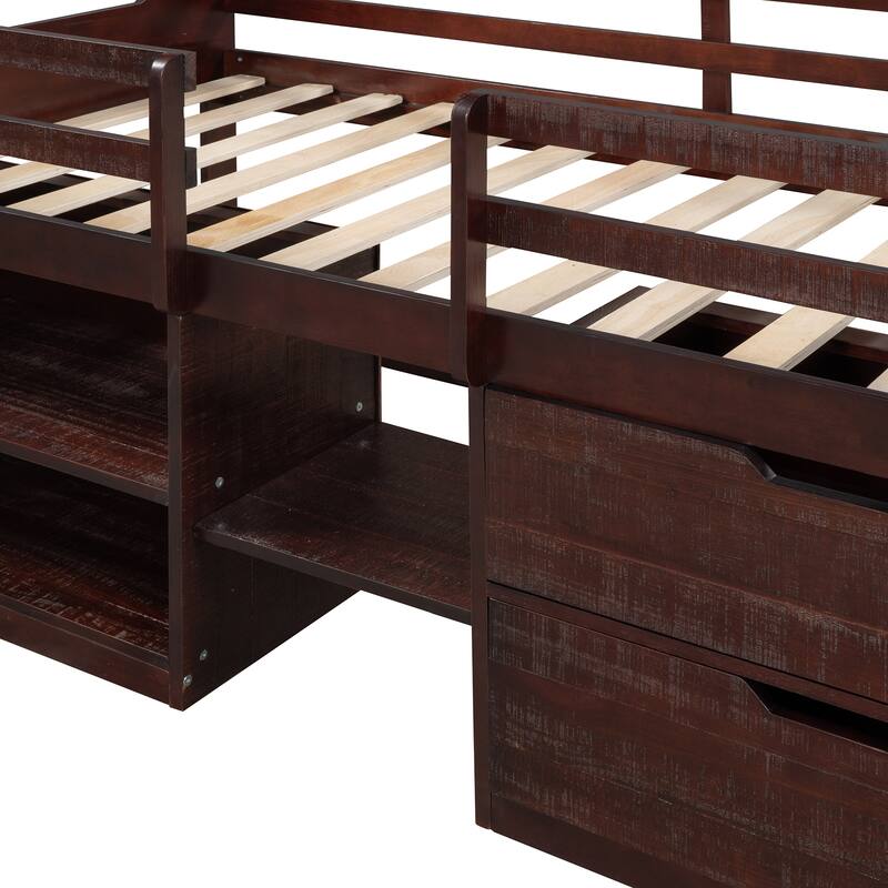 Twin Solid Pine Loft Bed with Shelves, Drawers, and Guardrail