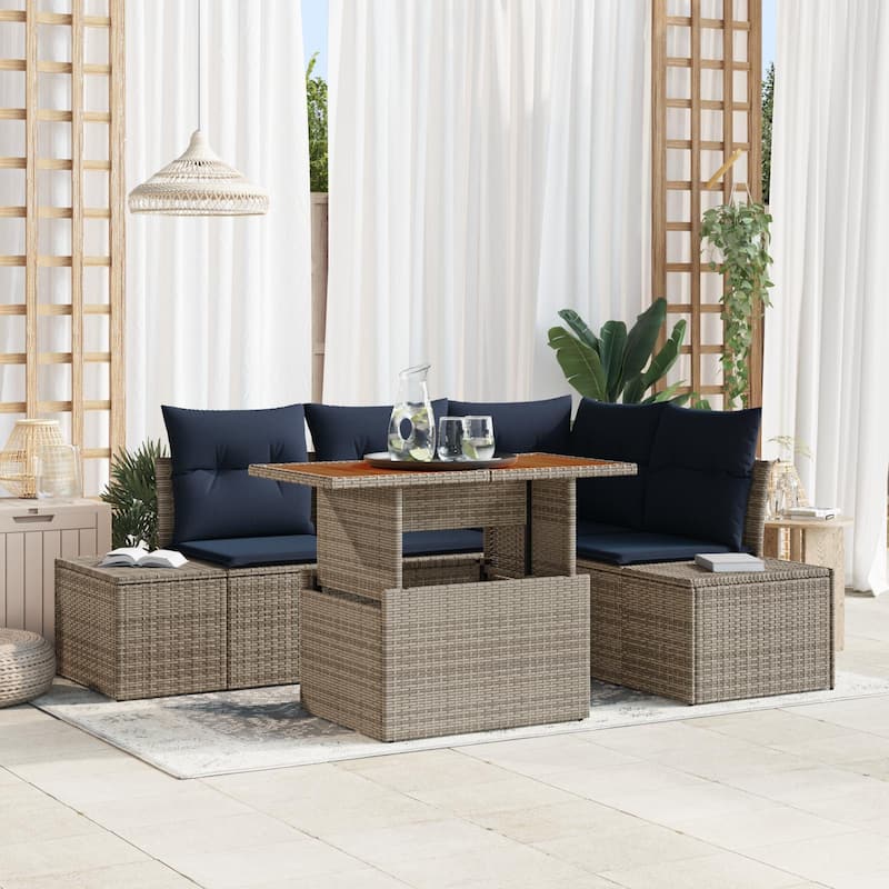 vidaXL 5 Garden Sofa Set with Cushions Black/Grey Poly Rattan - 82.3 x 60.6 x 27.2 - Grey