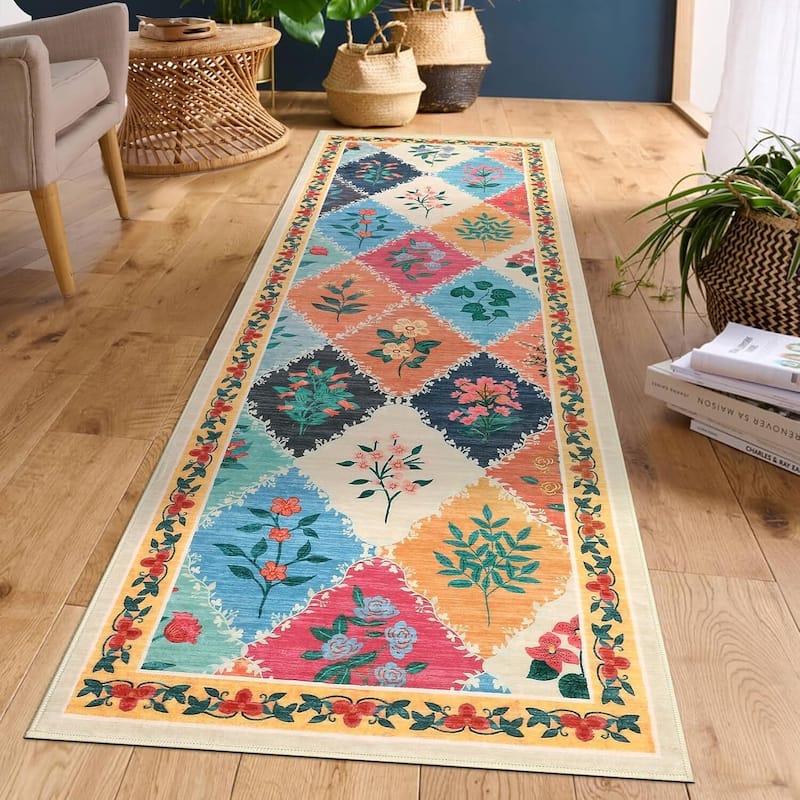 Vintage Floral Washbale Floor Cover Area Rug for Bedroom, Living Room, Colorful - 1'6" x 2'6"