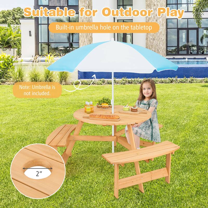 Gymax Kids Outdoor Wooden Picnic Table & Bench Set w/Umbrella Hole &