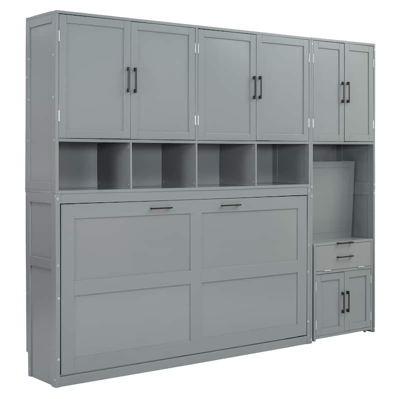 Twin Size Murphy Wall Bed with Closet, Drawers, and Desk, Space-Saving Storage Solution