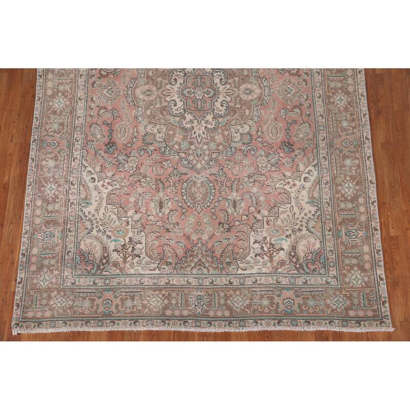 Pink Tabriz Persian Vintage Area Rug Hand-Knotted Wool Carpet - 6'3"x 9'2"