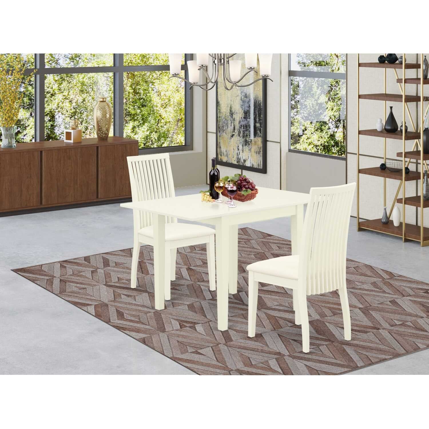 HomeStock 3-Pc Linen White Finish Solid Wood Top Dining Table Set