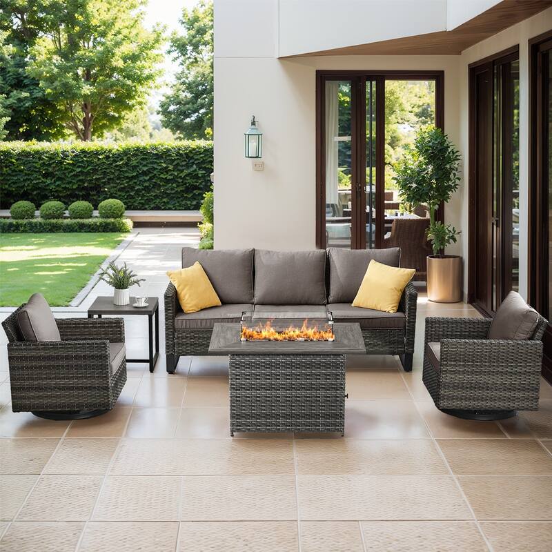 Outdoor Sofa Glider Chairs & Fire Table Grey-Grey - Grey - Grey - Grey