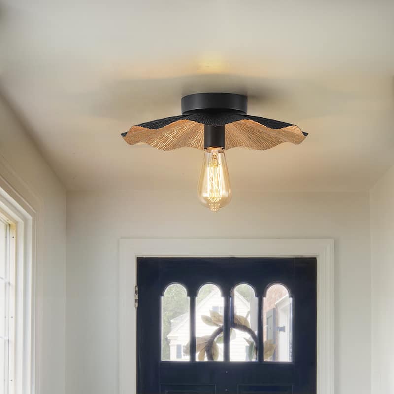1-Light Farmhouse Black Gold Semi Flush Mount with Wave-edged Metal Shade - 13-in W x 3.5-in H