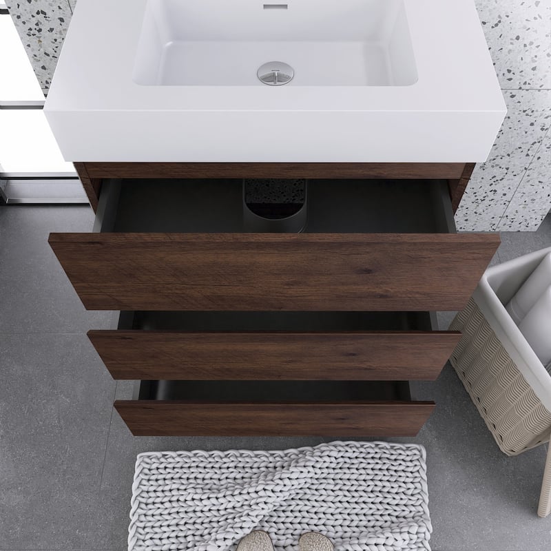 Wood Freestanding Bathroom Vanity Set with White Integrated Resin Sink