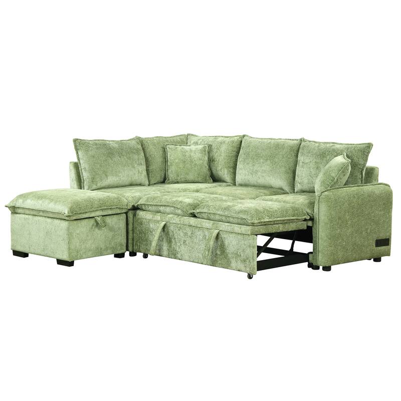Convertible Sleeper Sofa Bed with Storage Ottoman, L-Shaped Sectional Sofa with 2 Pillows, 2 Power Sockets & 2 USB Ports