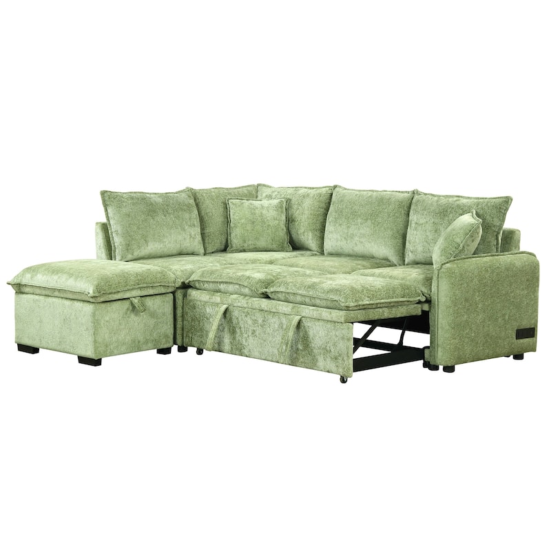 Green 82.67" L-Shaped 5-Seat Sofa with Pull-Out Bed and Storage Ottoman