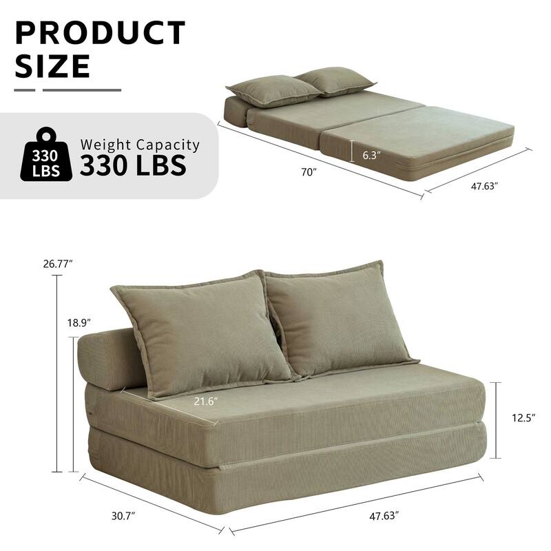 47.63" Corduroy 2-Seater Sleeper Sofa, Floor Mattress and Backrest