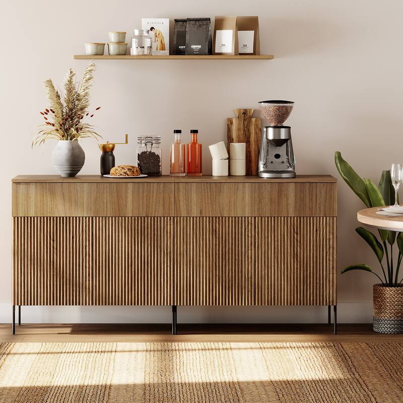 31.5" Wooden Reeded Sideboard With Doors And Drawer, Modern Credenza Storage Cabinet - 2PCS - Walnut