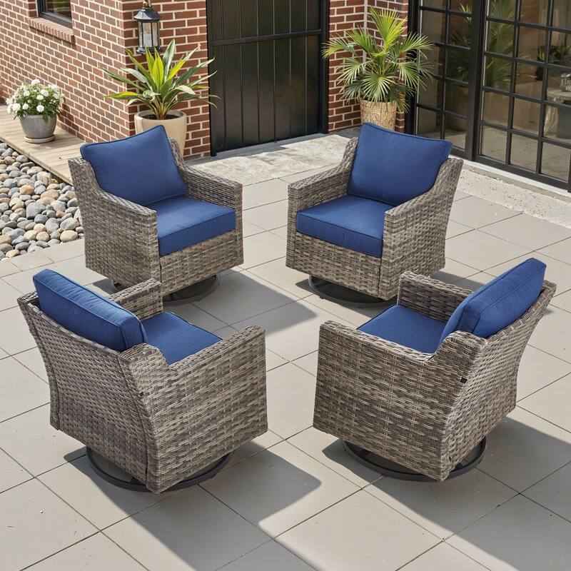 Glissia 2-Piece Gray Wicker Outdoor Swivel Glider Chairs with 4-Inch Thick Cushions - Navy Blue Cushions - 4-Piece