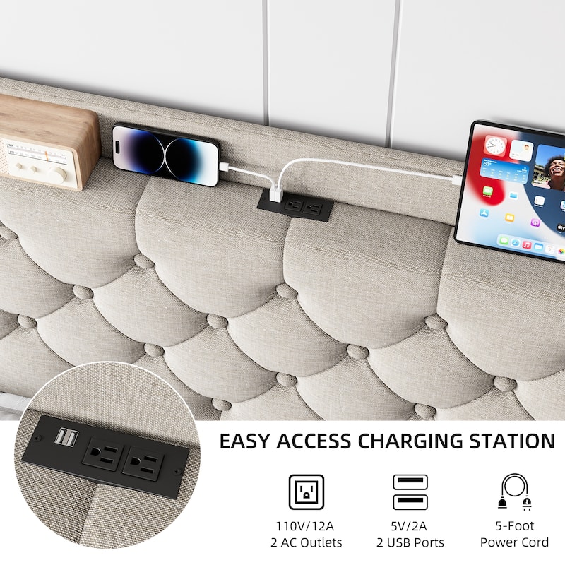 Bed Frame with Charging Station and Storage Shelf