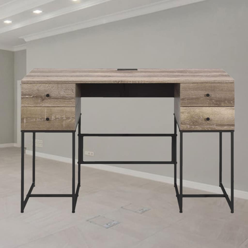Elegant Rustic Oak Writing Desk with Four Storage Drawers, USB Charging Port & Sleek Black Metal Sled Base for Home or Office