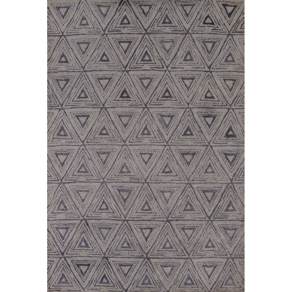 Geometric Grey Modern Indian Area Rug Hand-Tufted Wool Carpet - 5'3" x 7'7"