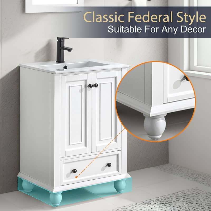 Retro Bathroom Vanity Cabinet Solid Wood Classic with Ceramic Sink