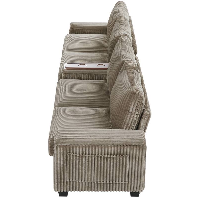 4-seater Brown Corduroy Sofa with Storage, Cup Holders, USB Ports, 133" Length