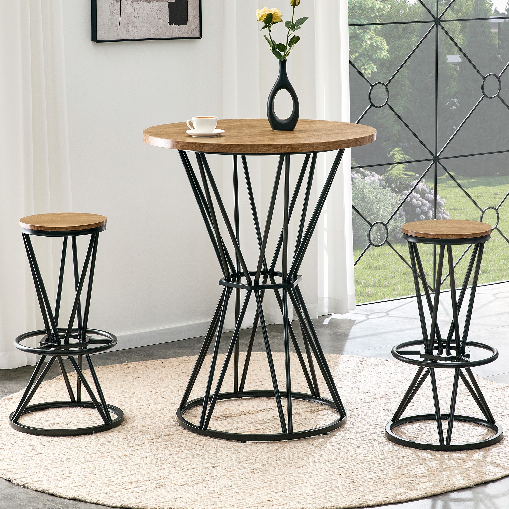Industrial 3-Piece Black Wood Bar Table Set with 2 Dining Stools