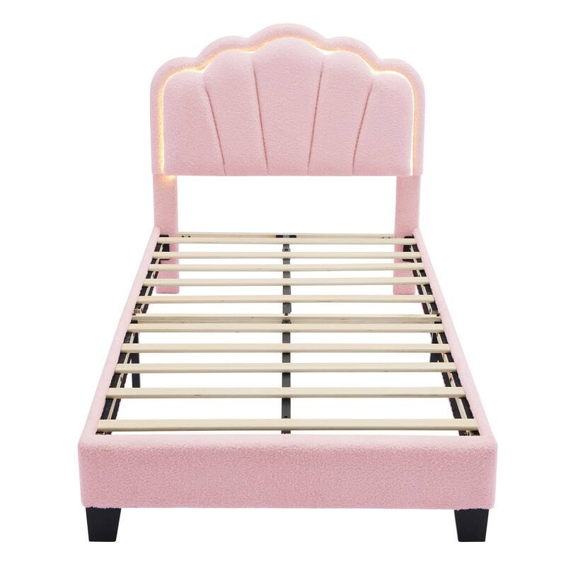 Upholstered Platform Bed with Flower-Shaped Headboard & LED Light Strip, Twin/Full Size Sherpa Fabric Bed Frame w/ Slats Support