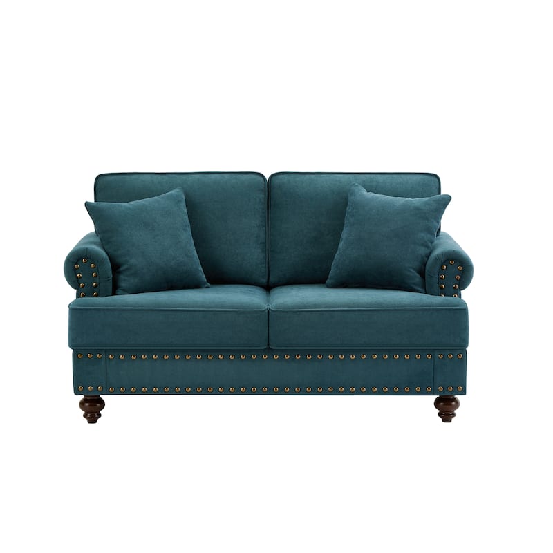 2 Seater Couch with Two Pillows, Bedroom Rolled Arm Sofa, Simple Upholstered Settee with Nailhead Decoration
