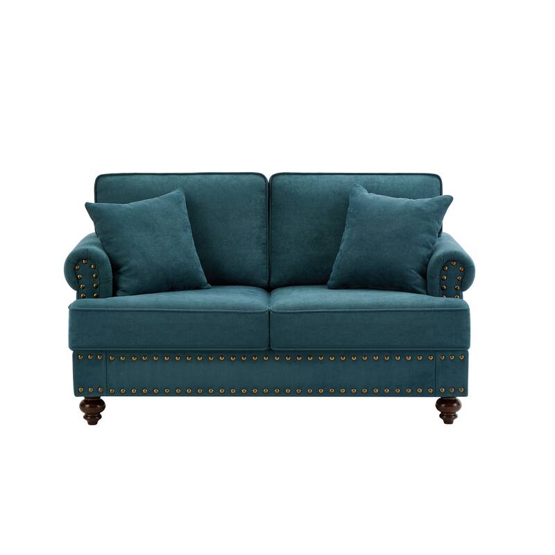 Green 60" Modern Chenille 3-Seater Sofa with Brown Legs, 2 Pillows, and Removable Back Cushions