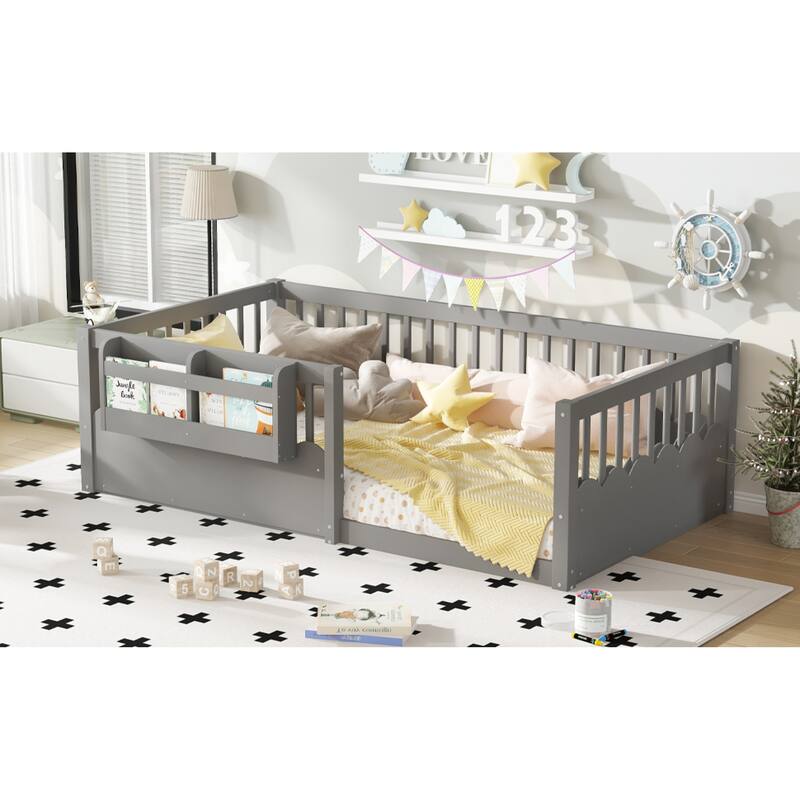 Roomfitters Floor Bed with Bookshelf and Heightened Fence, Solid Wood Frame with Guardrails