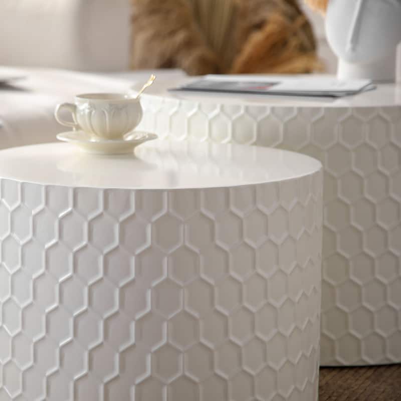 Stylish Nesting Coffee Table Set Modern Round Coffee Table with Honeycomb Design, for Living Room, 2-Piece Set