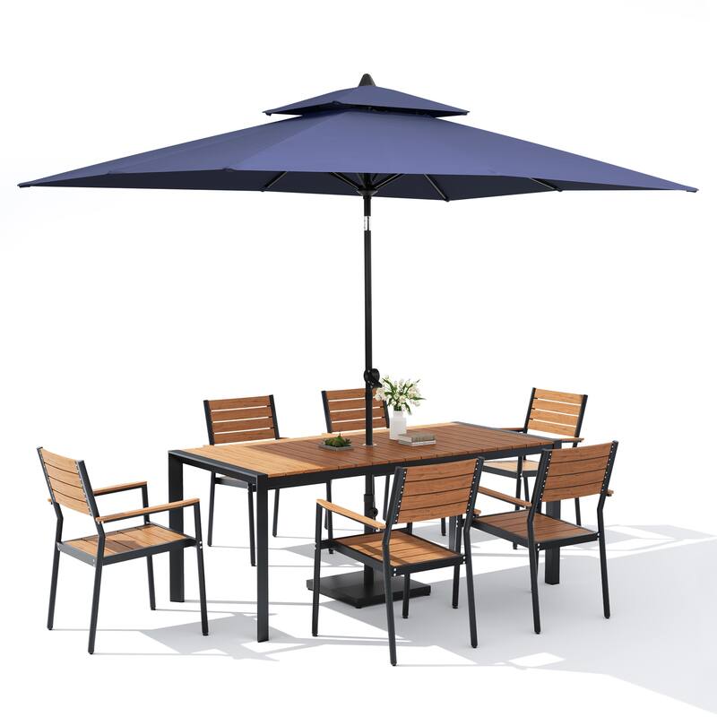 Set of 9 Outdoor Patio Dining Set WoodLike Aluminum Umbrella Hole Table with Stackable Armchairs, Market Umbrella Set