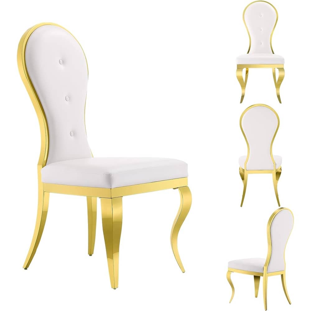 Modern Luxurious White Leather Dining Chairs with Polished Gold Stainless Steel Legs