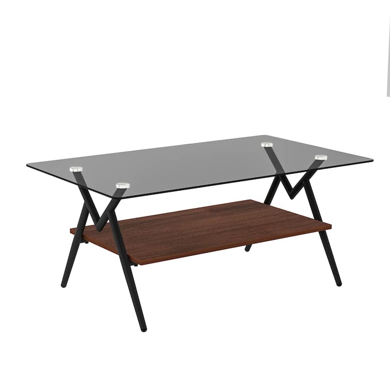 3-Piece Set, Modern Coffee Table Tempered Glass Coffee Table with 2-Tier Storage Shelves, for Living Room