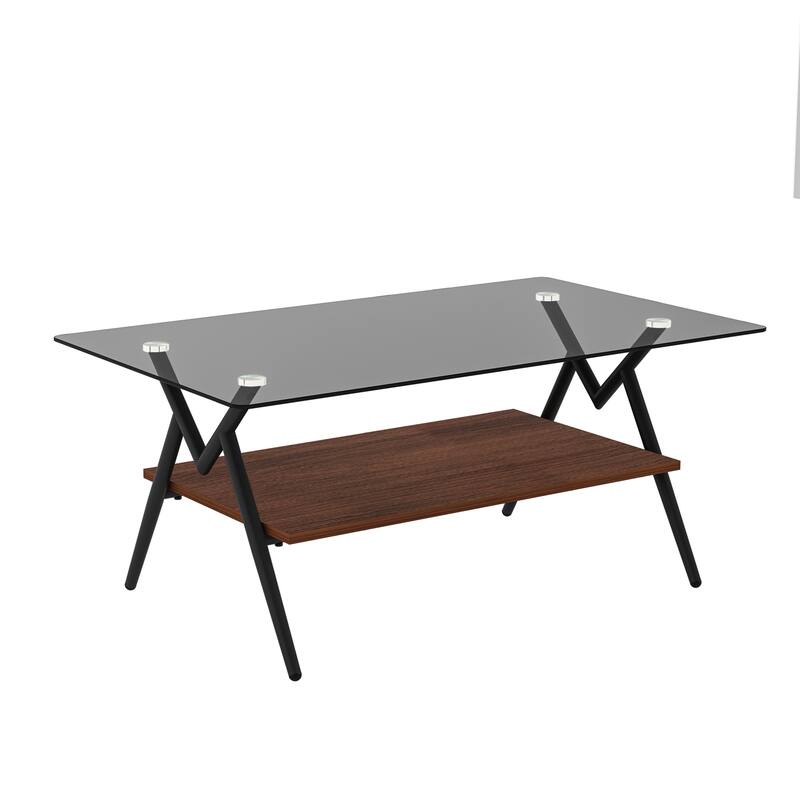 Rectangle Coffee Table with Tempered Glass Top and Shelf